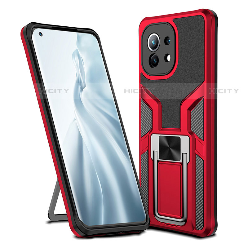 Coque Contour Silicone et Plastique Housse Etui Mat avec Magnetique Support Bague Anneau R04 pour Xiaomi Mi 11 5G Rouge Plus