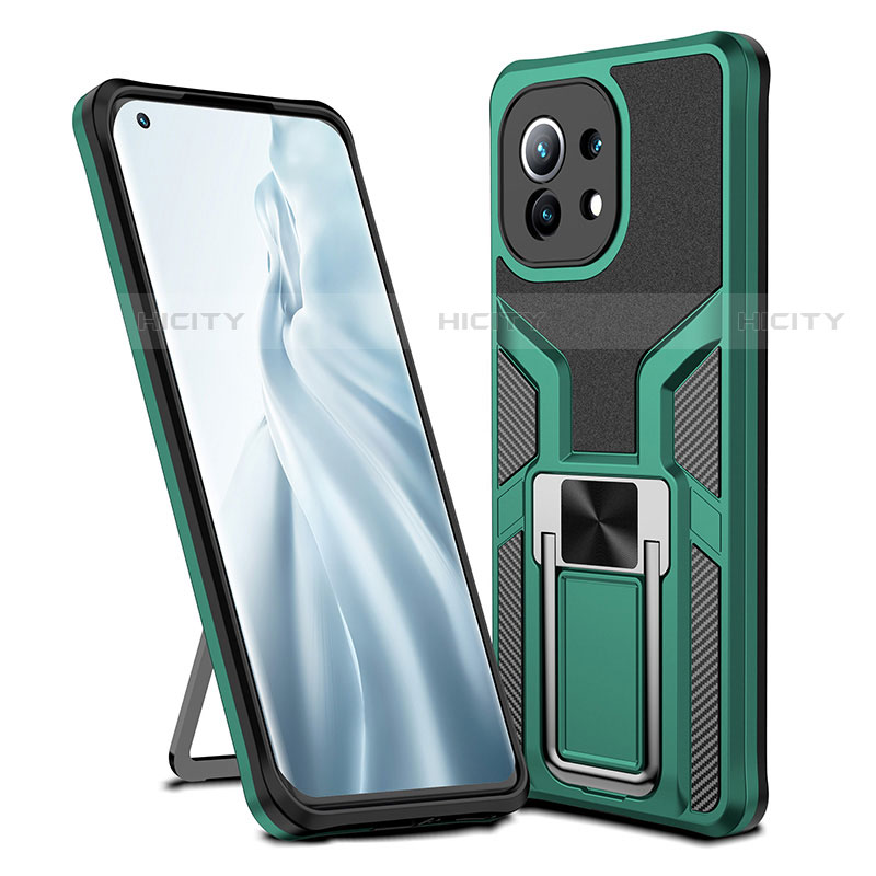 Coque Contour Silicone et Plastique Housse Etui Mat avec Magnetique Support Bague Anneau R04 pour Xiaomi Mi 11 5G Vert Plus