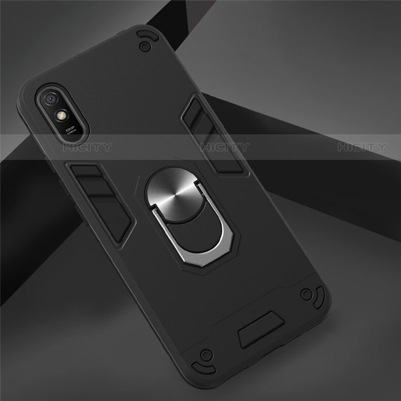 Coque Contour Silicone et Plastique Housse Etui Mat avec Magnetique Support Bague Anneau R04 pour Xiaomi Redmi 9A Noir Plus