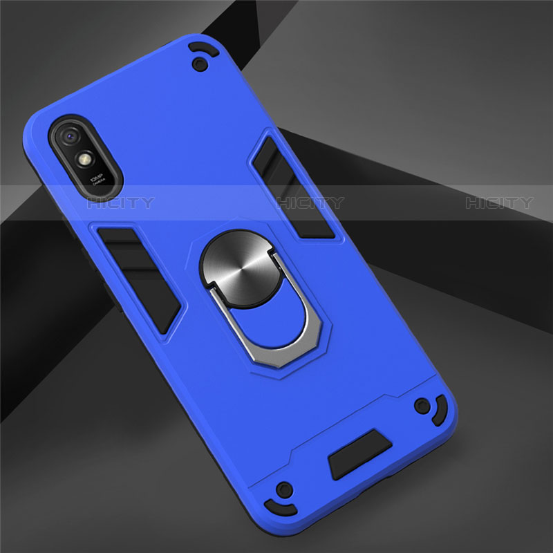 Coque Contour Silicone et Plastique Housse Etui Mat avec Magnetique Support Bague Anneau R04 pour Xiaomi Redmi 9i Bleu Plus