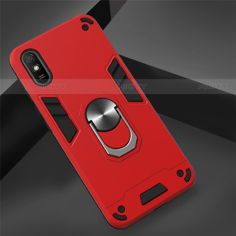 Coque Contour Silicone et Plastique Housse Etui Mat avec Magnetique Support Bague Anneau R04 pour Xiaomi Redmi 9i Rouge Plus