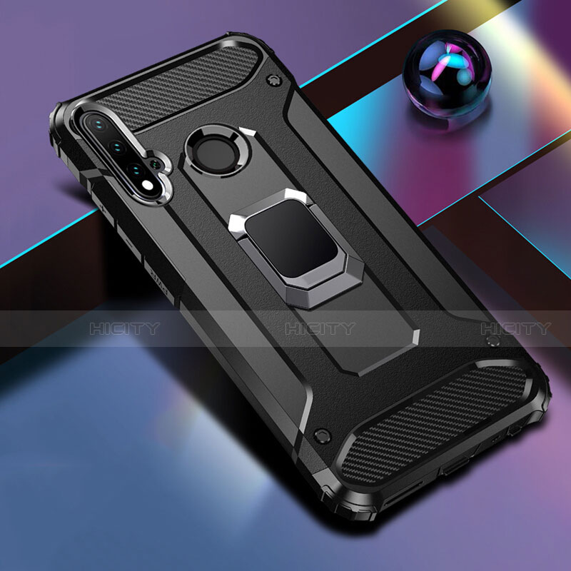 Coque Contour Silicone et Plastique Housse Etui Mat avec Magnetique Support Bague Anneau R05 pour Huawei P20 Lite (2019) Noir Plus