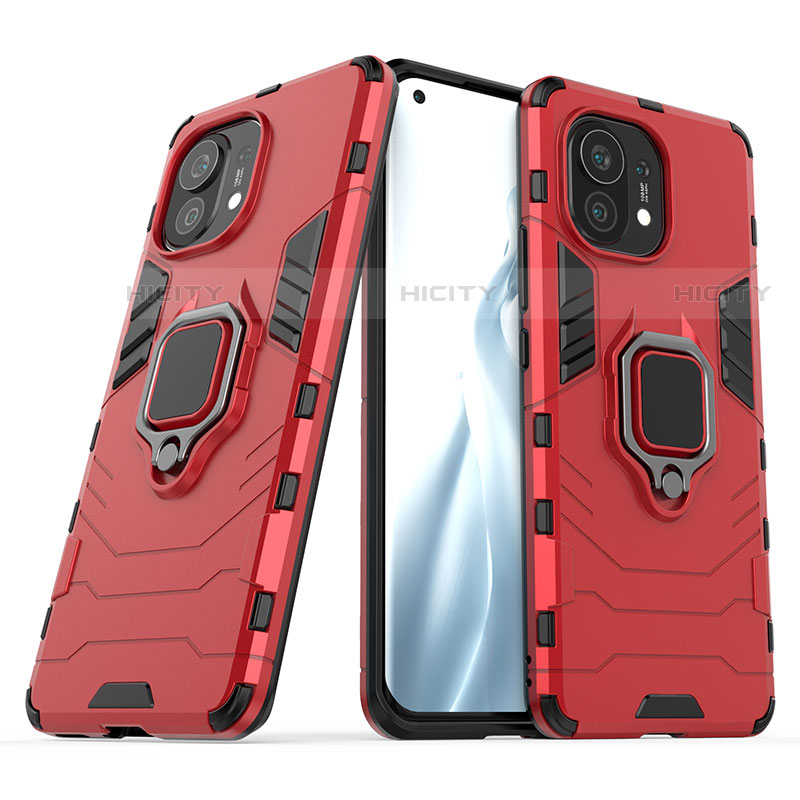 Coque Contour Silicone et Plastique Housse Etui Mat avec Magnetique Support Bague Anneau R05 pour Xiaomi Mi 11 5G Rouge Plus