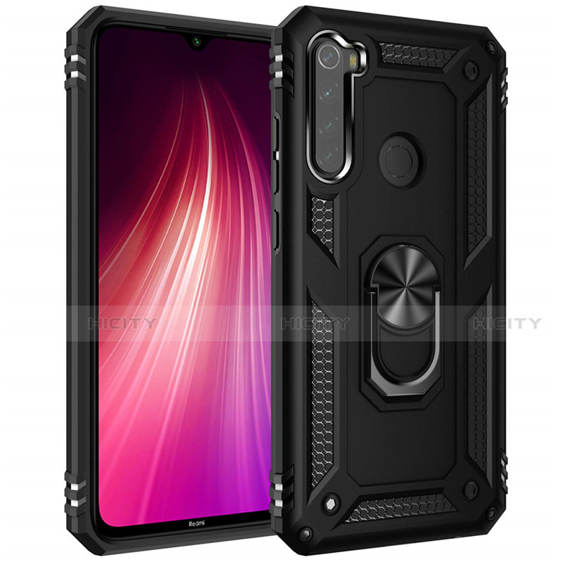 Coque Contour Silicone et Plastique Housse Etui Mat avec Magnetique Support Bague Anneau R05 pour Xiaomi Redmi Note 8 (2021) Noir Plus