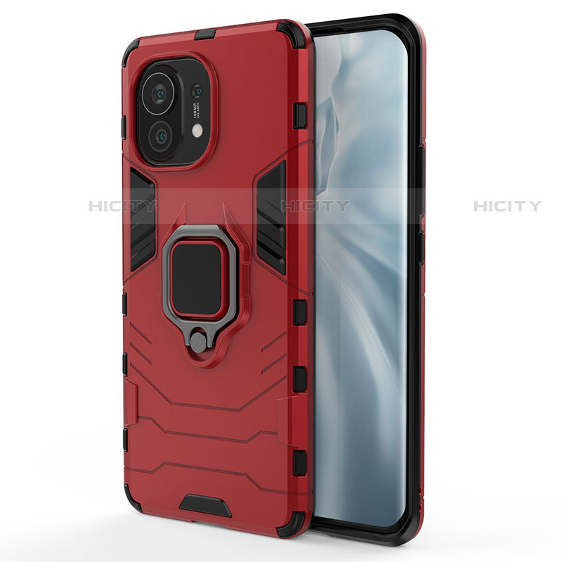 Coque Contour Silicone et Plastique Housse Etui Mat avec Magnetique Support Bague Anneau R06 pour Xiaomi Mi 11 5G Rouge Plus