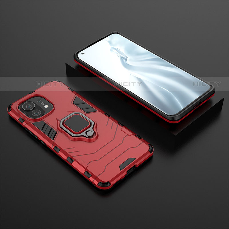 Coque Contour Silicone et Plastique Housse Etui Mat avec Magnetique Support Bague Anneau R07 pour Xiaomi Mi 11 Lite 4G Rouge Plus