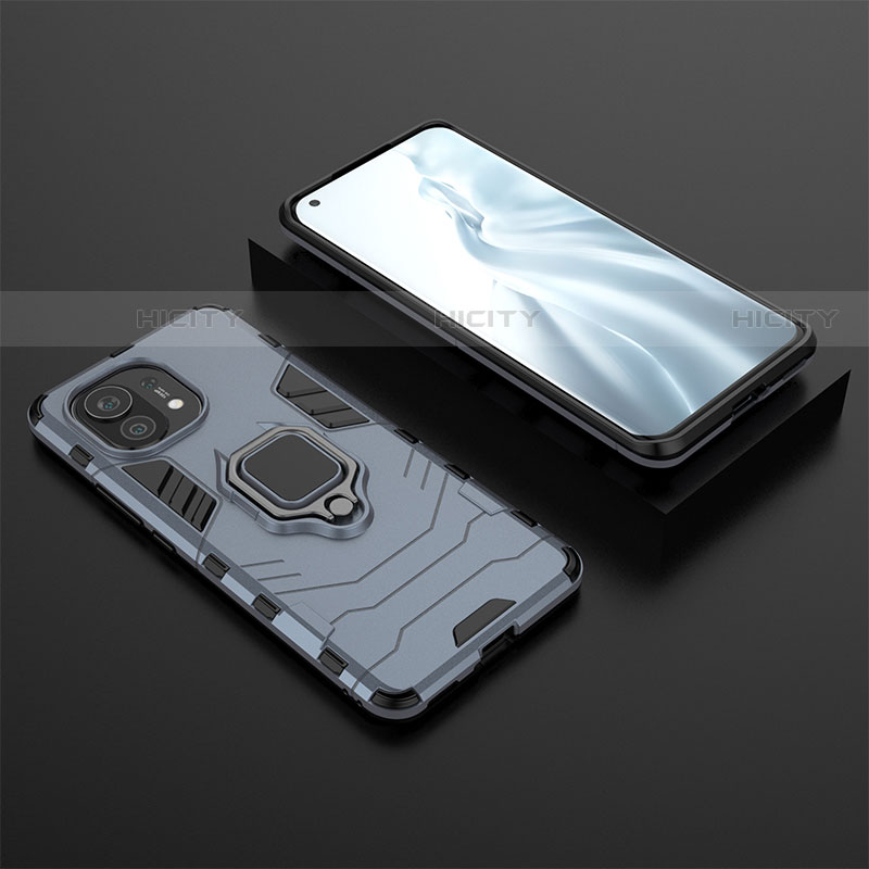 Coque Contour Silicone et Plastique Housse Etui Mat avec Magnetique Support Bague Anneau R07 pour Xiaomi Mi 11 Lite 5G Bleu Plus