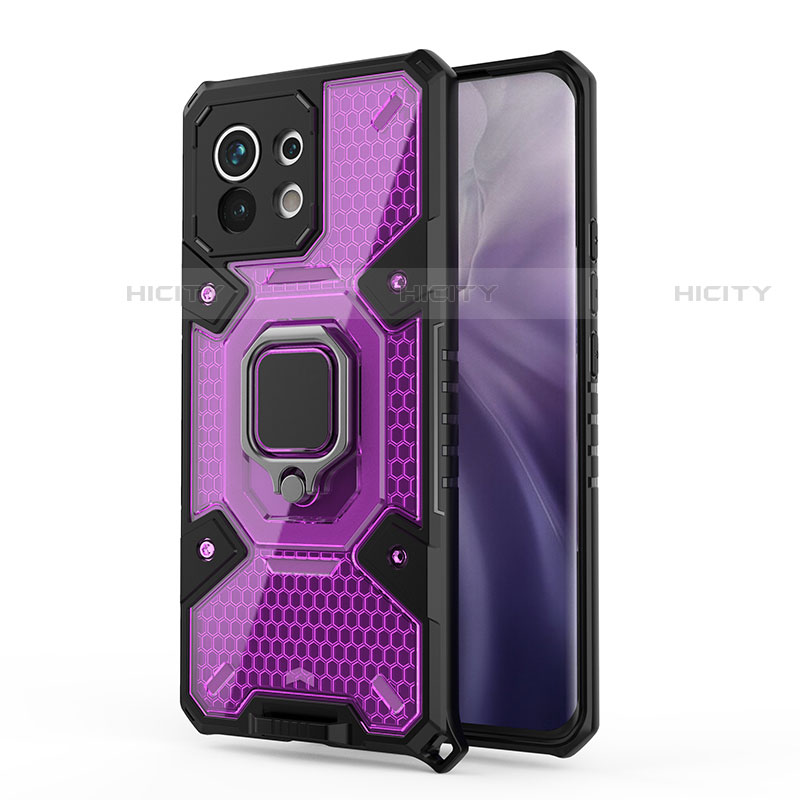 Coque Contour Silicone et Plastique Housse Etui Mat avec Magnetique Support Bague Anneau R08 pour Xiaomi Mi 11 5G Violet Plus