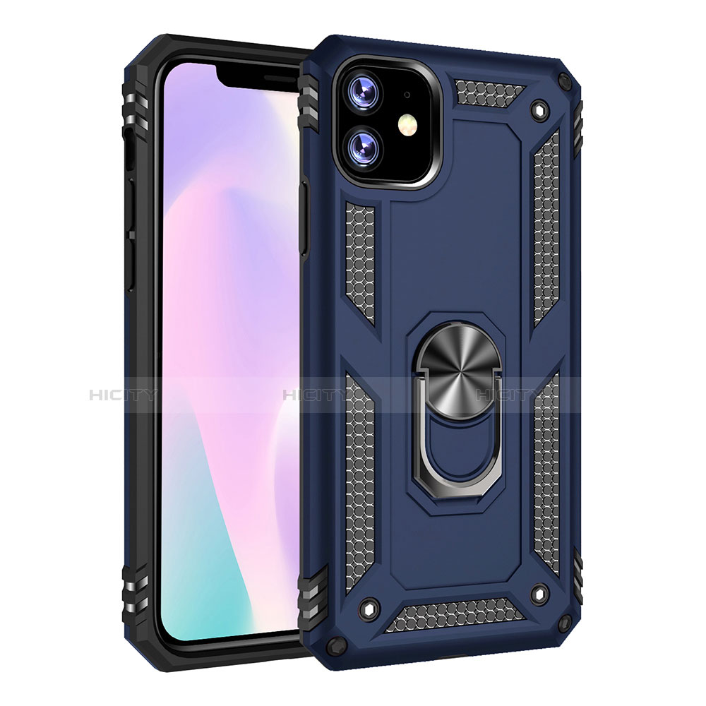 Coque Contour Silicone et Plastique Housse Etui Mat avec Magnetique Support Bague Anneau S01 pour Apple iPhone 11 Bleu Plus