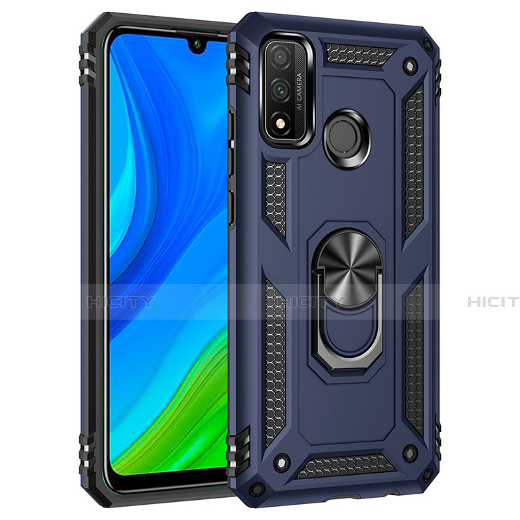 Coque Contour Silicone et Plastique Housse Etui Mat avec Magnetique Support Bague Anneau S01 pour Huawei P Smart (2020) Bleu Plus