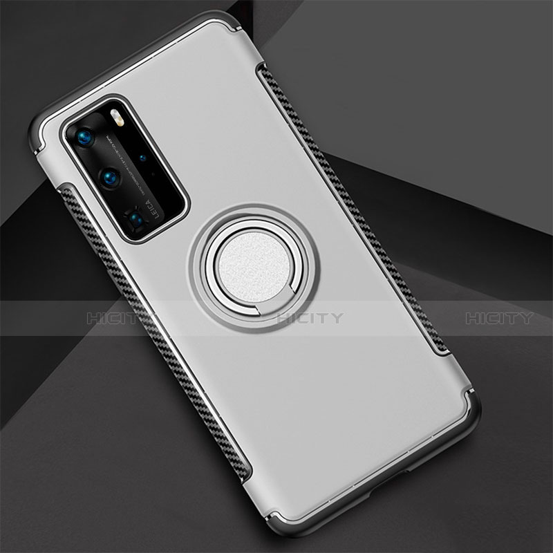 Coque Contour Silicone et Plastique Housse Etui Mat avec Magnetique Support Bague Anneau S01 pour Huawei P40 Pro Argent Plus