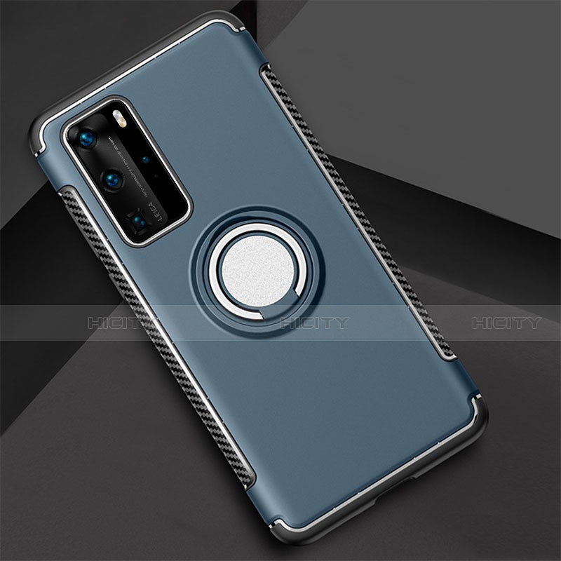 Coque Contour Silicone et Plastique Housse Etui Mat avec Magnetique Support Bague Anneau S01 pour Huawei P40 Pro Bleu Ciel Plus