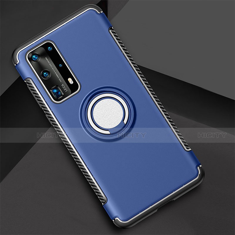 Coque Contour Silicone et Plastique Housse Etui Mat avec Magnetique Support Bague Anneau S01 pour Huawei P40 Pro+ Plus Bleu Plus