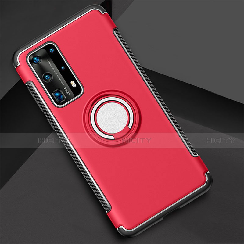 Coque Contour Silicone et Plastique Housse Etui Mat avec Magnetique Support Bague Anneau S01 pour Huawei P40 Pro+ Plus Rouge Plus