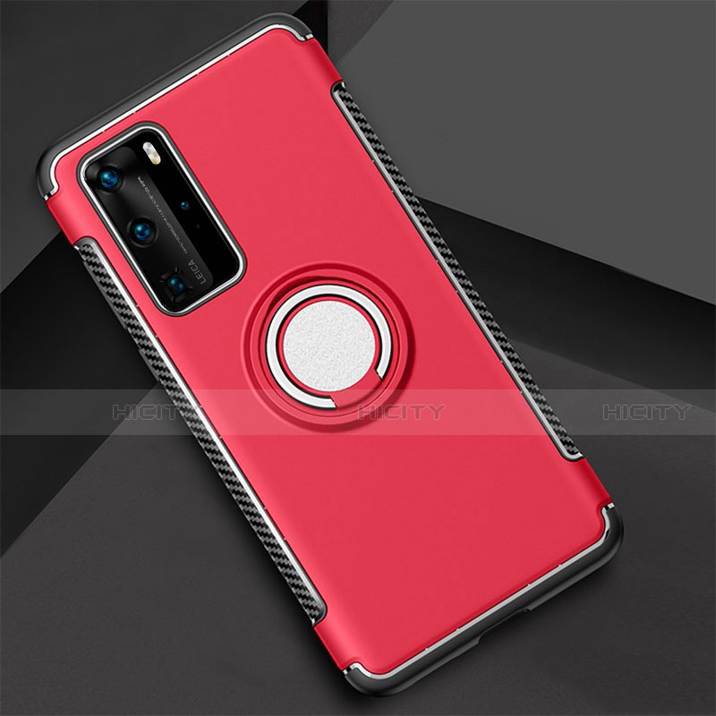 Coque Contour Silicone et Plastique Housse Etui Mat avec Magnetique Support Bague Anneau S01 pour Huawei P40 Pro Rouge Plus