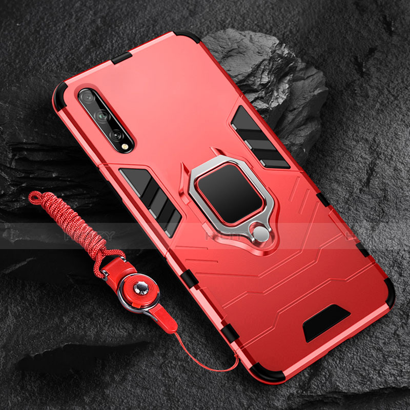 Coque Contour Silicone et Plastique Housse Etui Mat avec Magnetique Support Bague Anneau S01 pour Huawei Y8p Rouge Plus