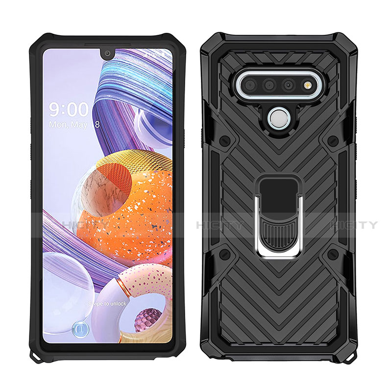 Coque Contour Silicone et Plastique Housse Etui Mat avec Magnetique Support Bague Anneau S01 pour LG Stylo 6 Noir Plus