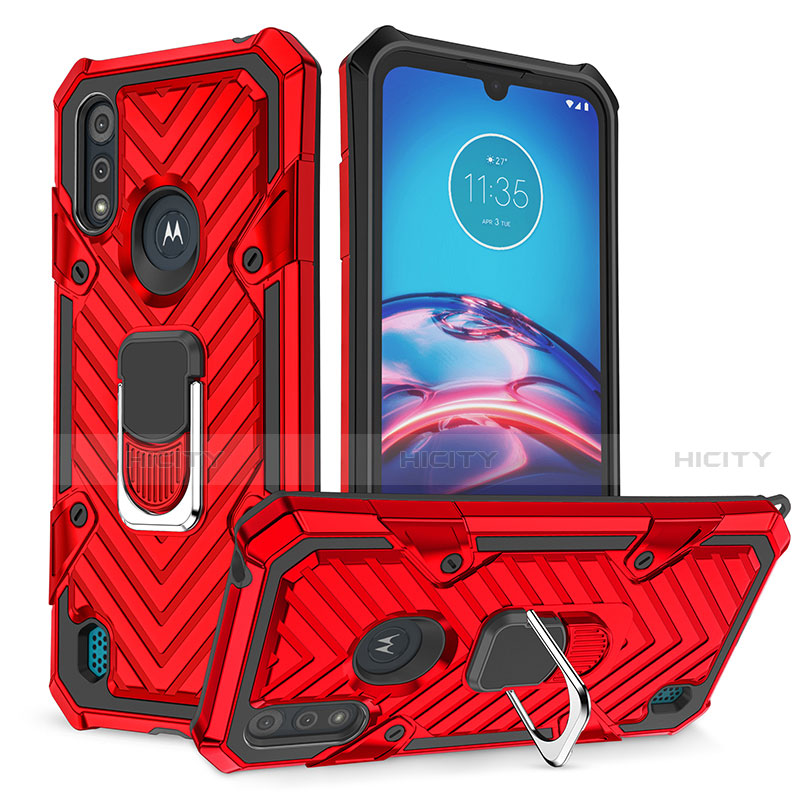 Coque Contour Silicone et Plastique Housse Etui Mat avec Magnetique Support Bague Anneau S01 pour Motorola Moto E6s (2020) Rouge Plus