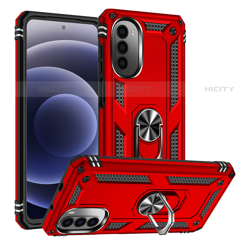 Coque Contour Silicone et Plastique Housse Etui Mat avec Magnetique Support Bague Anneau S01 pour Motorola Moto Edge (2022) 5G Rouge Plus