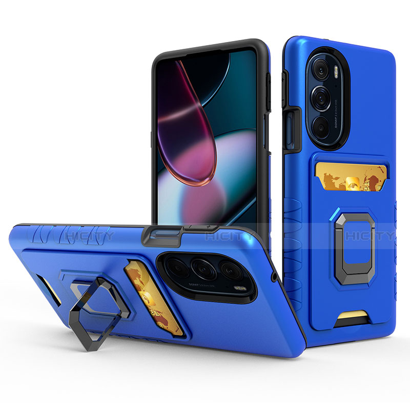 Coque Contour Silicone et Plastique Housse Etui Mat avec Magnetique Support Bague Anneau S01 pour Motorola Moto Edge 30 Pro 5G Bleu Plus