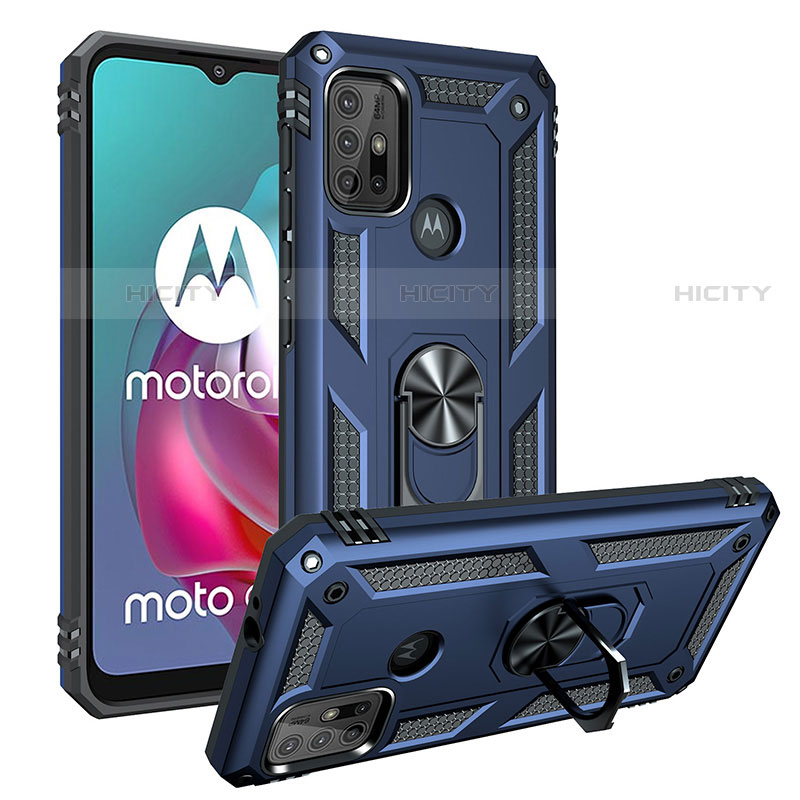 Coque Contour Silicone et Plastique Housse Etui Mat avec Magnetique Support Bague Anneau S01 pour Motorola Moto G10 Bleu Plus