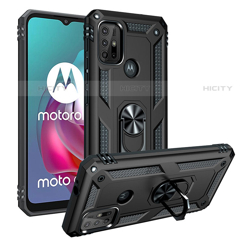 Coque Contour Silicone et Plastique Housse Etui Mat avec Magnetique Support Bague Anneau S01 pour Motorola Moto G10 Noir Plus