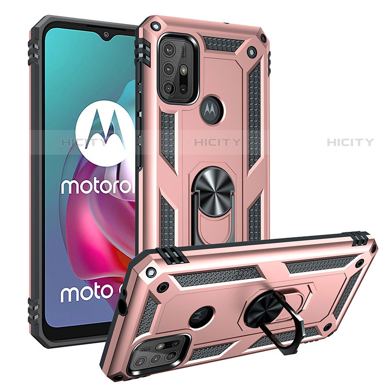 Coque Contour Silicone et Plastique Housse Etui Mat avec Magnetique Support Bague Anneau S01 pour Motorola Moto G10 Or Rose Plus