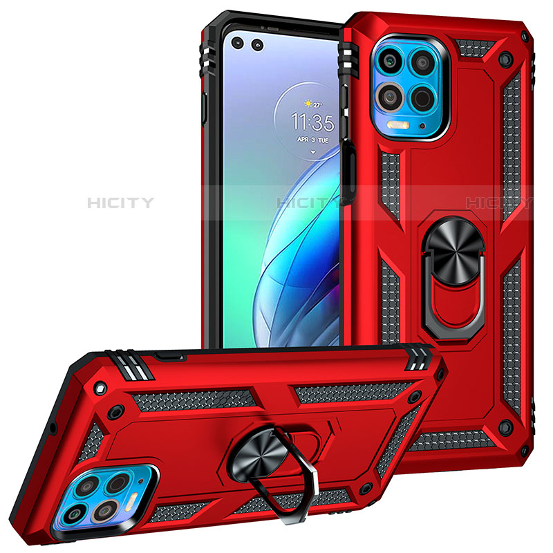 Coque Contour Silicone et Plastique Housse Etui Mat avec Magnetique Support Bague Anneau S01 pour Motorola Moto G100 5G Rouge Plus