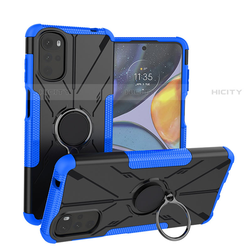 Coque Contour Silicone et Plastique Housse Etui Mat avec Magnetique Support Bague Anneau S01 pour Motorola Moto G22 Bleu Plus