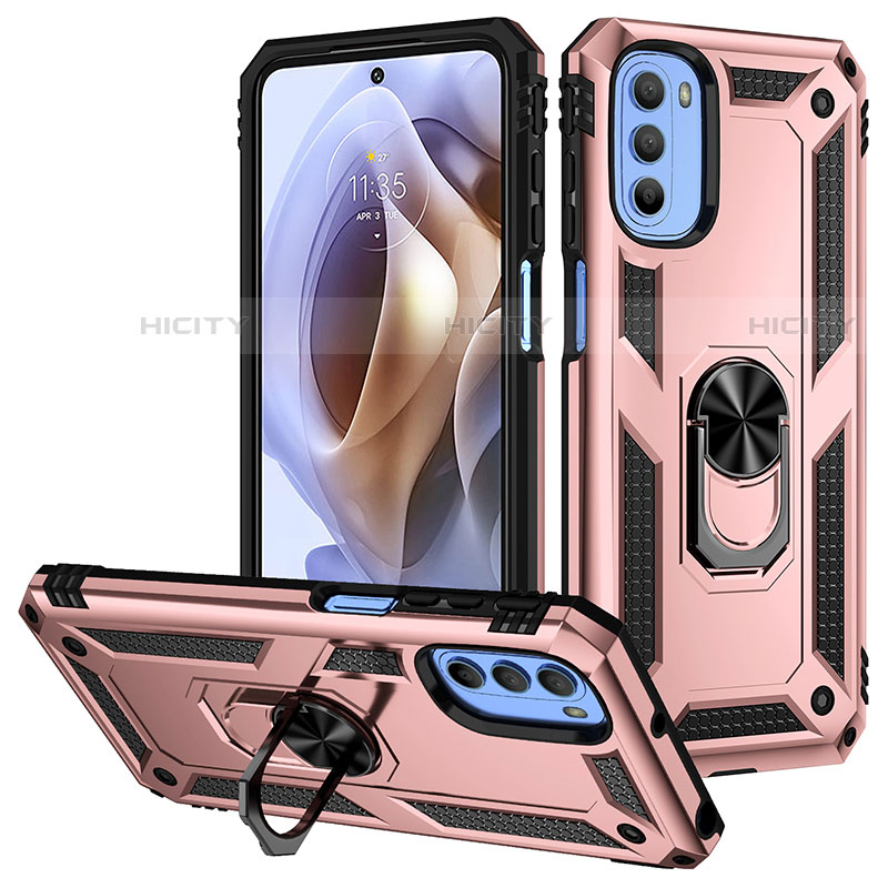 Coque Contour Silicone et Plastique Housse Etui Mat avec Magnetique Support Bague Anneau S01 pour Motorola Moto G31 Or Rose Plus