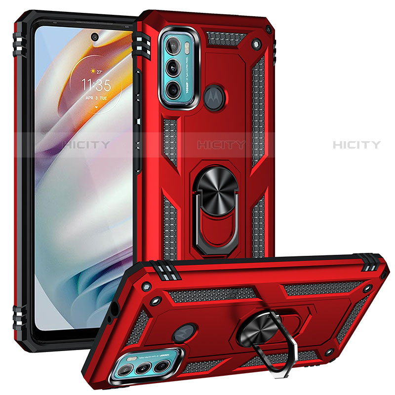 Coque Contour Silicone et Plastique Housse Etui Mat avec Magnetique Support Bague Anneau S01 pour Motorola Moto G60 Rouge Plus