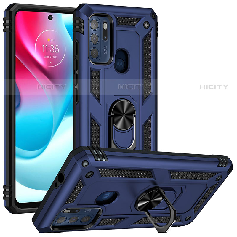 Coque Contour Silicone et Plastique Housse Etui Mat avec Magnetique Support Bague Anneau S01 pour Motorola Moto G60s Bleu Plus