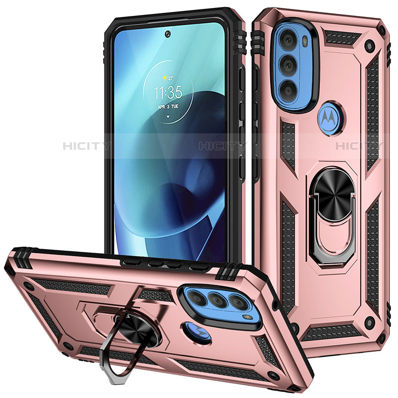 Coque Contour Silicone et Plastique Housse Etui Mat avec Magnetique Support Bague Anneau S01 pour Motorola Moto G71 5G Or Rose Plus