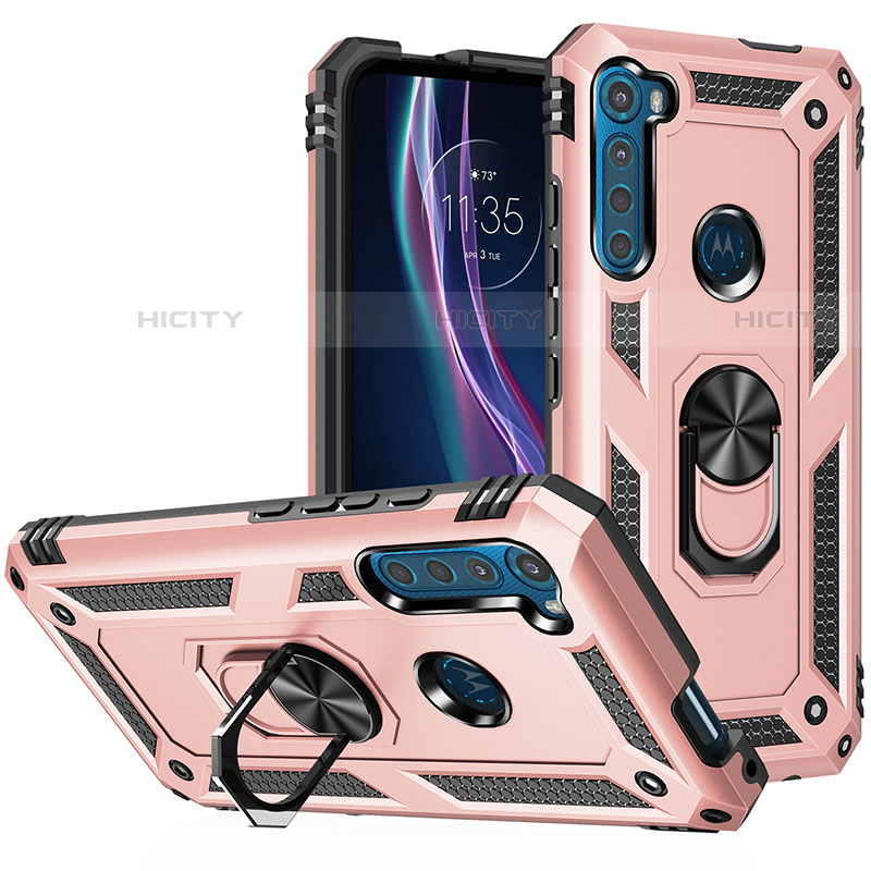 Coque Contour Silicone et Plastique Housse Etui Mat avec Magnetique Support Bague Anneau S01 pour Motorola Moto One Fusion Plus Or Rose Plus