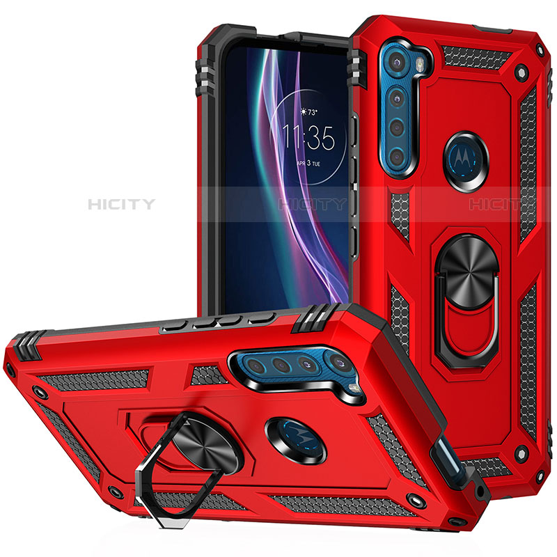 Coque Contour Silicone et Plastique Housse Etui Mat avec Magnetique Support Bague Anneau S01 pour Motorola Moto One Fusion Plus Rouge Plus