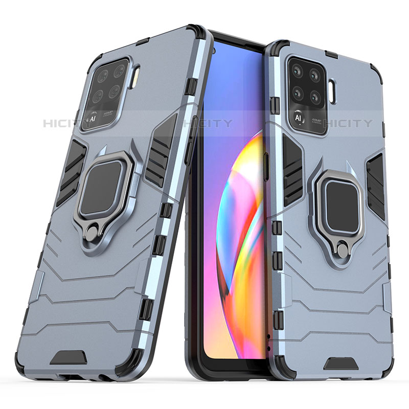 Coque Contour Silicone et Plastique Housse Etui Mat avec Magnetique Support Bague Anneau S01 pour Oppo F19 Pro Bleu Plus