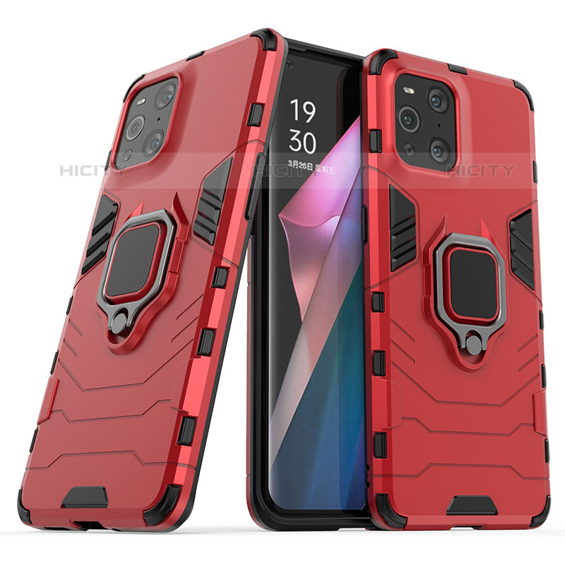 Coque Contour Silicone et Plastique Housse Etui Mat avec Magnetique Support Bague Anneau S01 pour Oppo Find X3 Pro 5G Rouge Plus