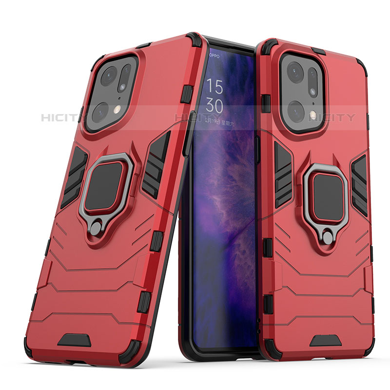 Coque Contour Silicone et Plastique Housse Etui Mat avec Magnetique Support Bague Anneau S01 pour Oppo Find X5 Pro 5G Rouge Plus