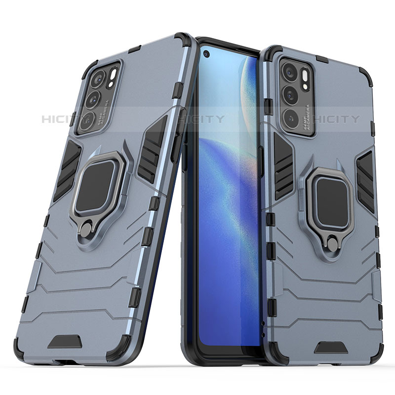 Coque Contour Silicone et Plastique Housse Etui Mat avec Magnetique Support Bague Anneau S01 pour Oppo Reno6 5G Bleu Plus