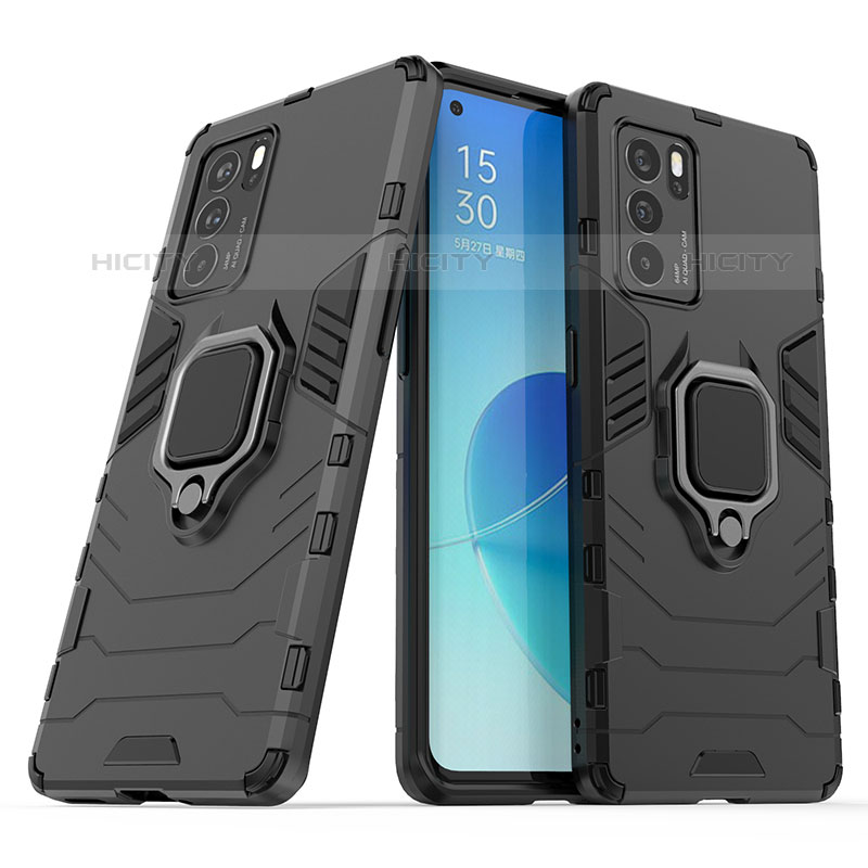 Coque Contour Silicone et Plastique Housse Etui Mat avec Magnetique Support Bague Anneau S01 pour Oppo Reno6 Pro 5G India Noir Plus