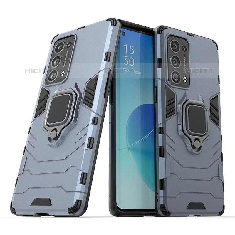 Coque Contour Silicone et Plastique Housse Etui Mat avec Magnetique Support Bague Anneau S01 pour Oppo Reno6 Pro+ Plus 5G Bleu Plus