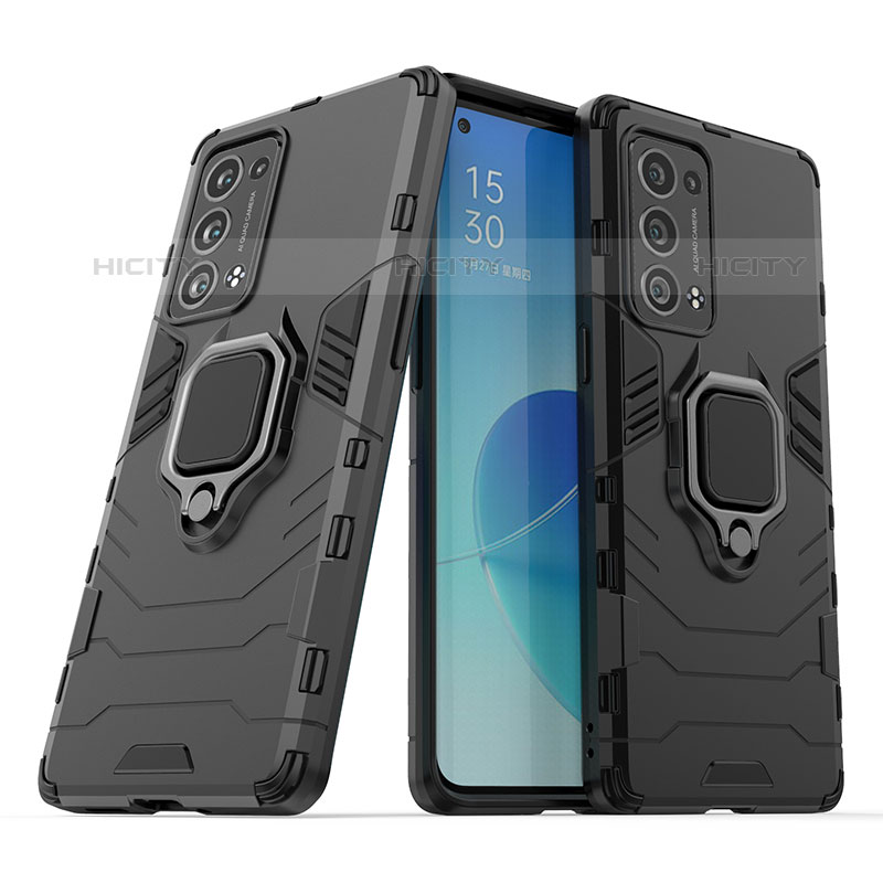 Coque Contour Silicone et Plastique Housse Etui Mat avec Magnetique Support Bague Anneau S01 pour Oppo Reno6 Pro+ Plus 5G Noir Plus