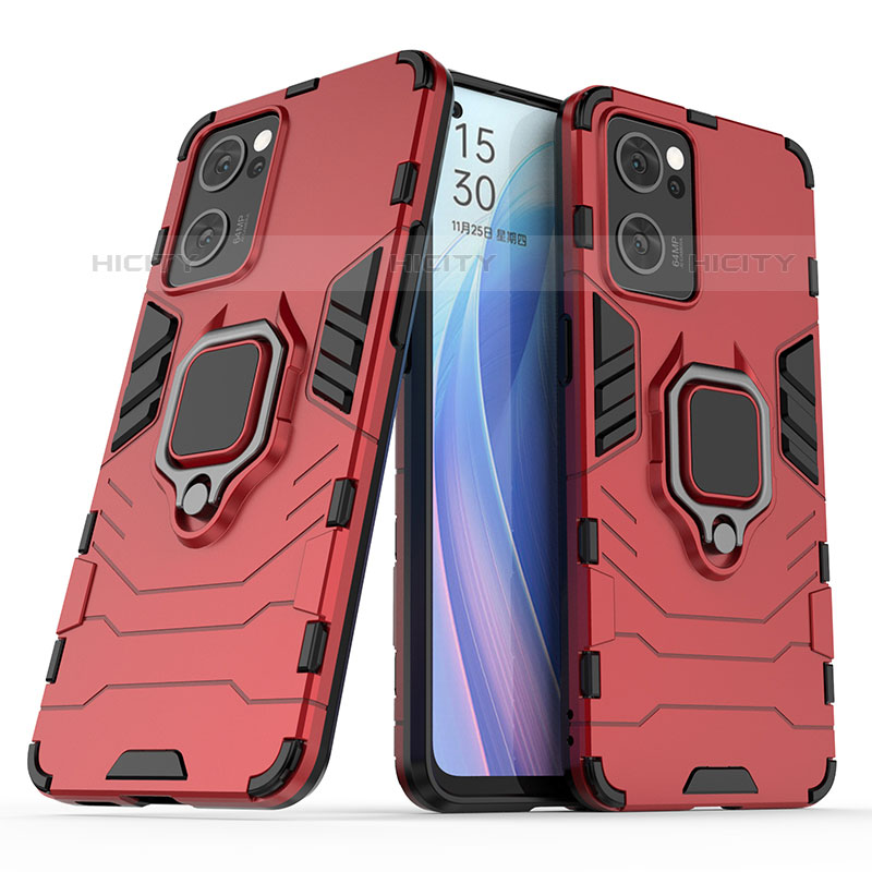 Coque Contour Silicone et Plastique Housse Etui Mat avec Magnetique Support Bague Anneau S01 pour Oppo Reno7 5G Rouge Plus