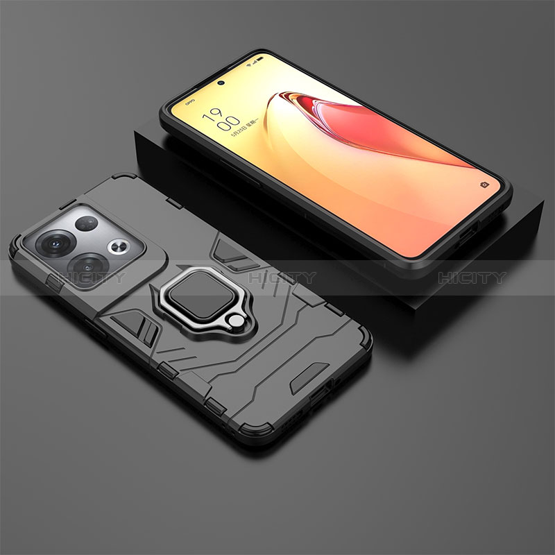 Coque Contour Silicone et Plastique Housse Etui Mat avec Magnetique Support Bague Anneau S01 pour Oppo Reno9 Pro+ Plus 5G Noir Plus