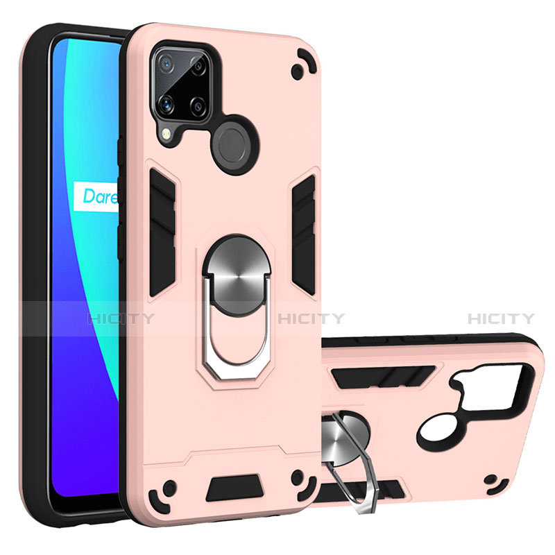 Coque Contour Silicone et Plastique Housse Etui Mat avec Magnetique Support Bague Anneau S01 pour Realme C15 Rose Plus