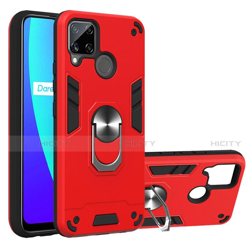 Coque Contour Silicone et Plastique Housse Etui Mat avec Magnetique Support Bague Anneau S01 pour Realme C15 Rouge Plus