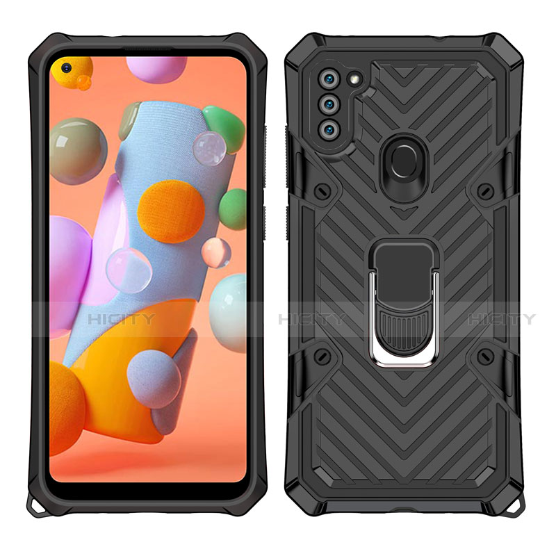 Coque Contour Silicone et Plastique Housse Etui Mat avec Magnetique Support Bague Anneau S01 pour Samsung Galaxy A11 Noir Plus