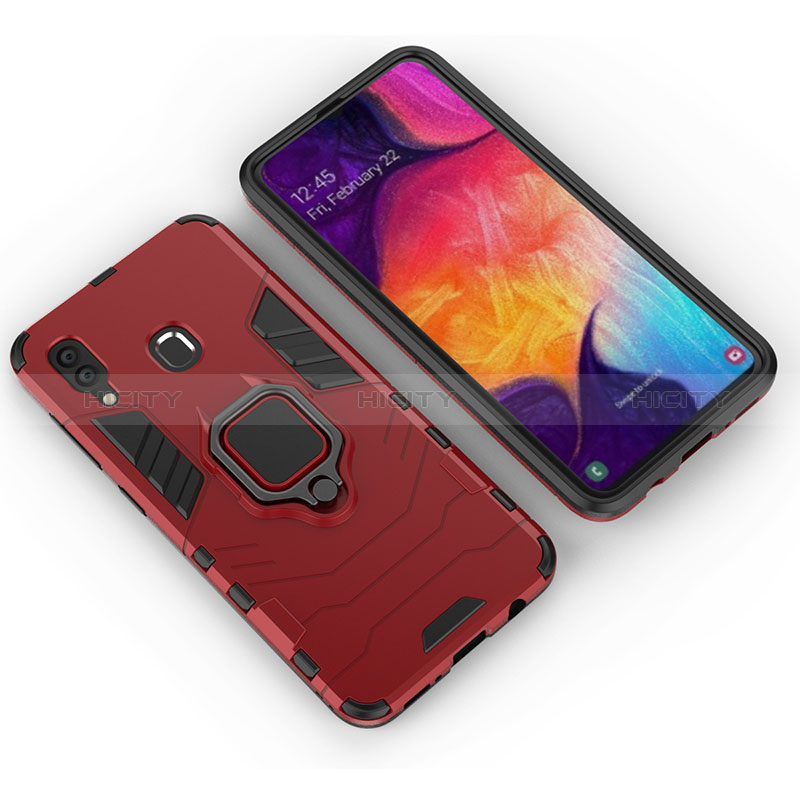 Coque Contour Silicone et Plastique Housse Etui Mat avec Magnetique Support Bague Anneau S01 pour Samsung Galaxy A20 Rouge Plus