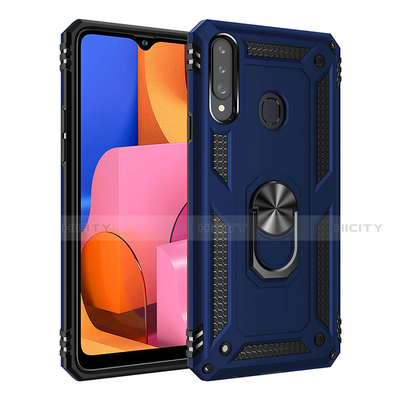 Coque Contour Silicone et Plastique Housse Etui Mat avec Magnetique Support Bague Anneau S01 pour Samsung Galaxy A20s Bleu Plus