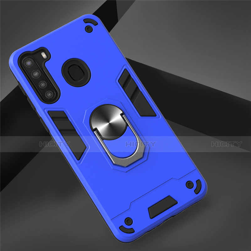 Coque Contour Silicone et Plastique Housse Etui Mat avec Magnetique Support Bague Anneau S01 pour Samsung Galaxy A21 Bleu Plus